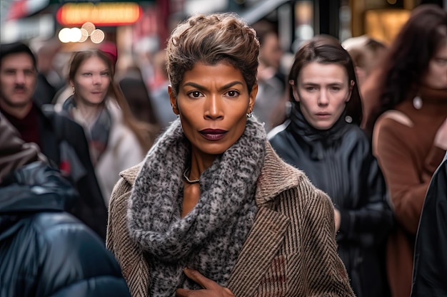 Une femme dans une foule de gens dans une rue