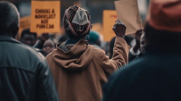 Une femme dans la foule tient un panneau disant "Nous ne sommes pas africains"