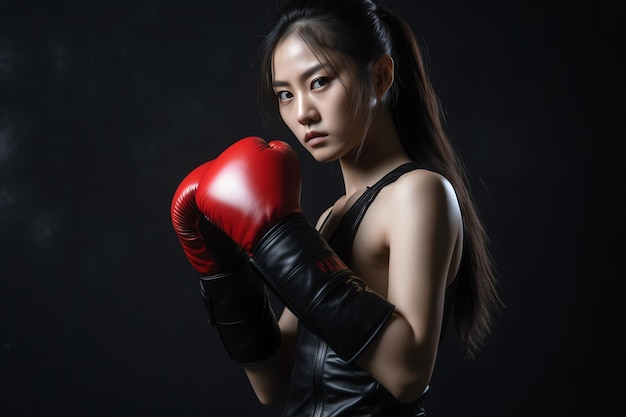 Une femme dans un gant de boxe rouge avec le mot combat sur le devant