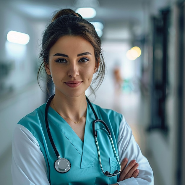 une femme dans un gilet bleu se tient dans un couloir avec ses bras croisés