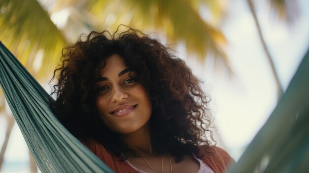 Photo une femme dans un hamac profitant de ses vacances