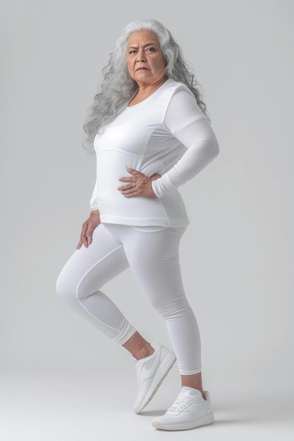 une femme dans un haut blanc et un pantalon blanc