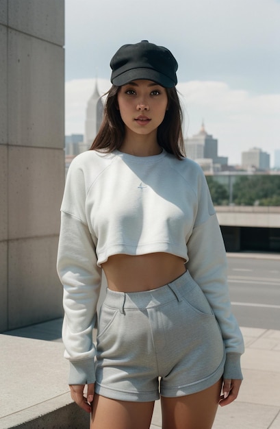 Une femme dans un haut gris avec une casquette