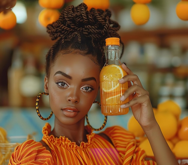 Une femme dans un haut jaune et un pantalon orange est assise sur un banc en bois avec un verre de jus d'orange dans sa main