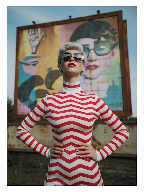 Photo une femme dans un haut rayé pose devant une grande affiche qui dit que la femme porte des lunettes de soleil