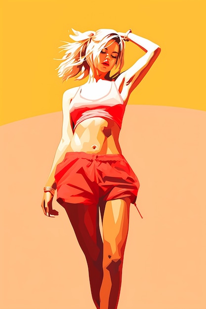 Une femme dans un haut rouge et un short se promène sur une plage à Vice City A