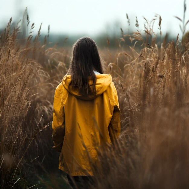 Femme dans l'herbe haute portant un manteau de pluie