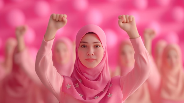 une femme dans un hijab rose avec le mot sur le fond