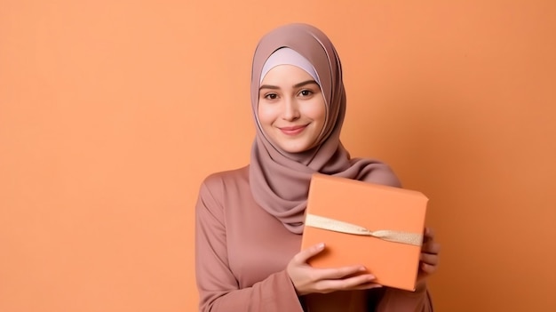 Une femme dans un hijab tient une boîte-cadeau sur un fond orange