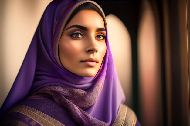 Une femme dans un hijab violet avec une bordure dorée