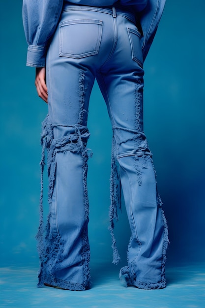 Une femme dans un jean bleu avec une paire de jeans déchirés.