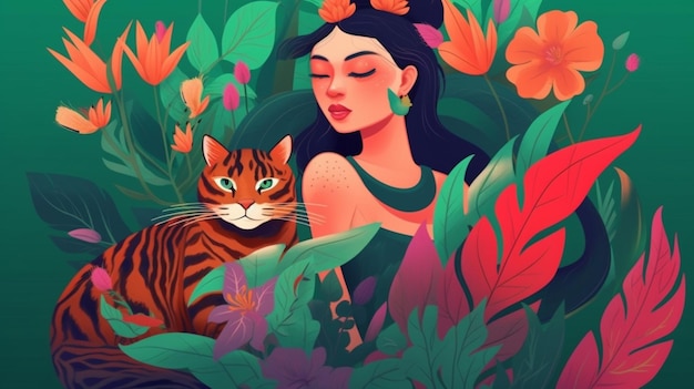 Une femme dans une jungle avec un chat sur la tête