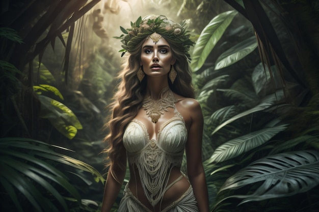 Une femme dans une jungle avec une couronne sur la tête