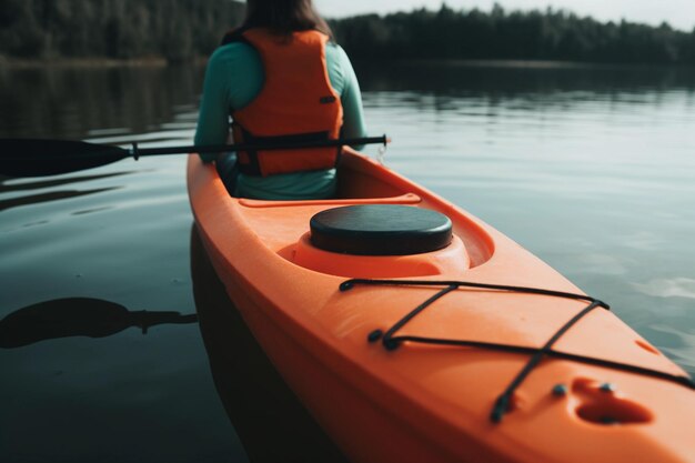 Une femme dans un kayak orange est assise dans un lac.