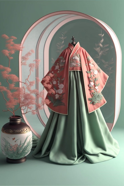Femme dans un kimono debout à côté d'un vase générative ai