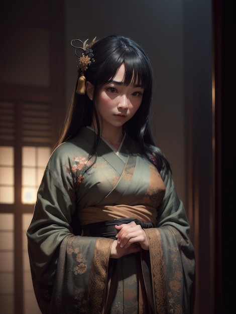 Une femme dans un kimono japonais traditionnel se tient dans une pièce sombre.