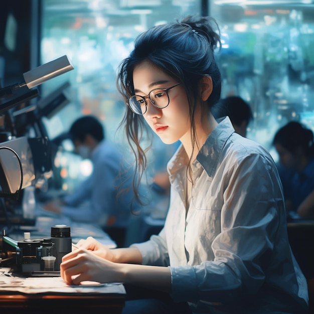 une femme dans un laboratoire avec un microscope et un groupe de personnes en arrière-plan.