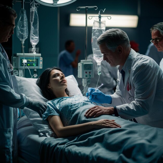 une femme dans un lit d'hôpital avec un homme dans un manteau blanc