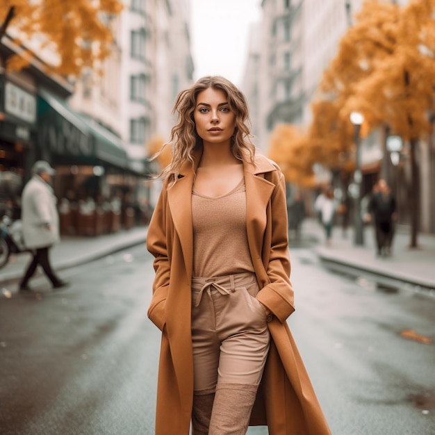 Une femme dans un long manteau brun se tient sur une rue mouillée.