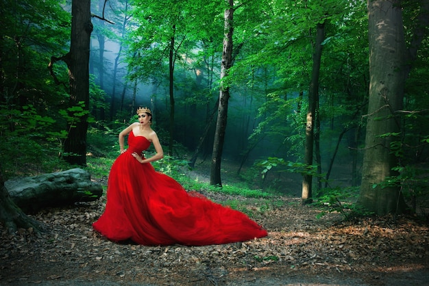 Femme dans une longue robe rouge et une couronne royale dans la forêt brumeuse