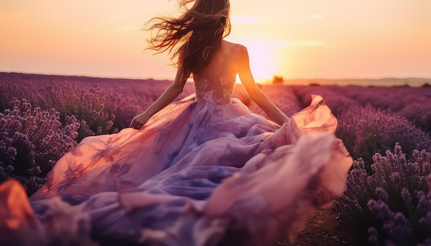 Photo femme dans une longue robe violette dans un champ au coucher du soleil concept de printemps