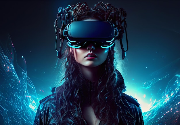 femme dans des lunettes VR concept de technologie d'imagerie moderne réalisé avec l'IA générative