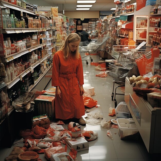 une femme dans un magasin avec une robe rouge et un sac de nourriture sur le sol