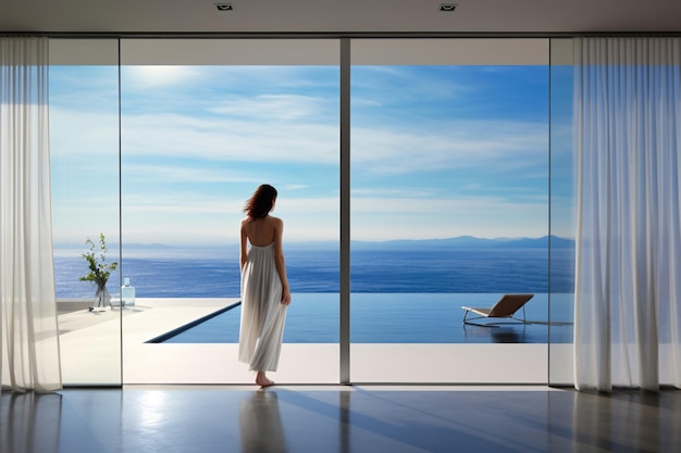 Femme dans une maison contemporaine avec vue sur la mer