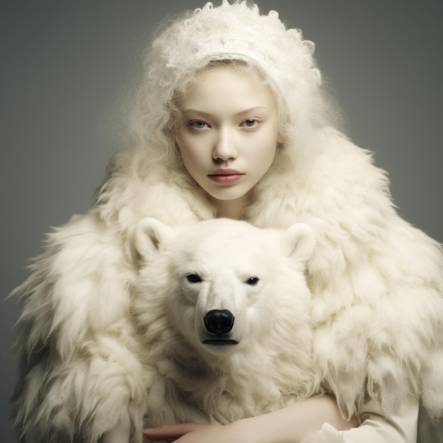 une femme dans un manteau de fourrure blanche et un ours polaire