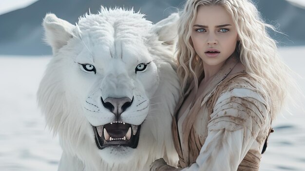 une femme dans un manteau de fourrure pose avec un lion
