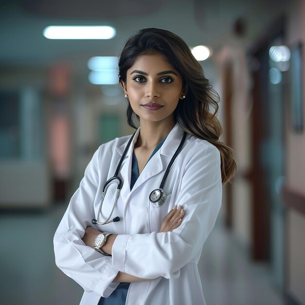 Photo une femme dans un manteau de laboratoire blanc se tient dans un couloir avec ses bras croisés