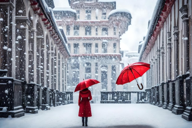 une femme dans un manteau rouge marche dans la neige avec deux parapluies rouges