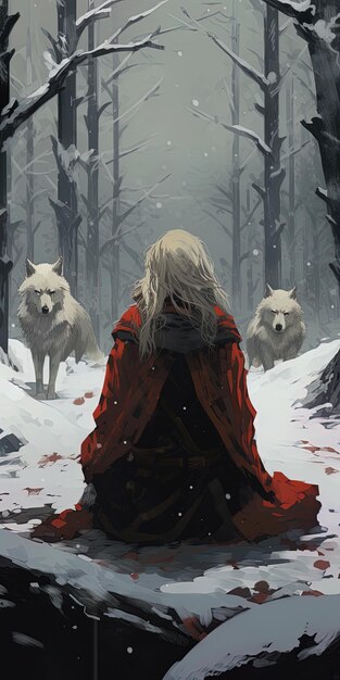 une femme dans un manteau rouge regarde la caméra avec les mots le loup blanc