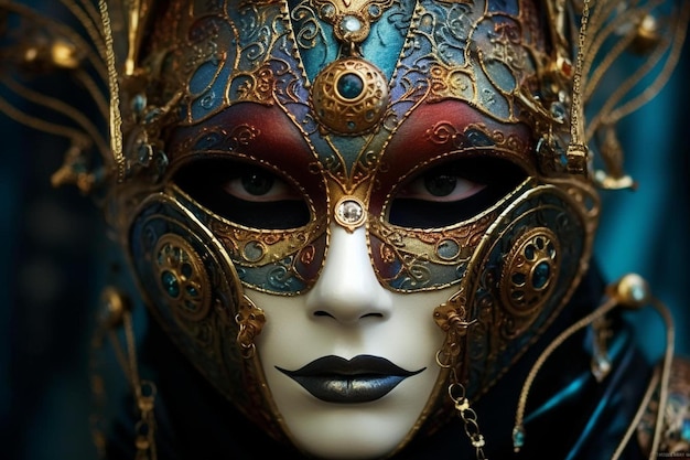 une femme dans un masque de carnaval avec un fond bleu et or.