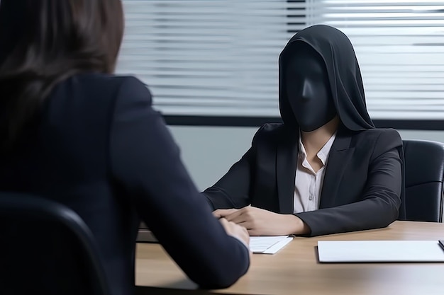 Femme dans un masque noir assis au bureau et parlant à une autre femme masque noir gros plan patron de bureau prenant une interview générée par l'IA