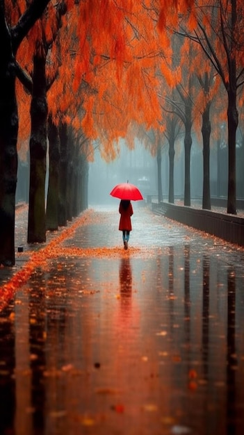 Une femme dans un parapluie rouge descend un trottoir pluvieux avec des feuilles d'automne sur le sol.