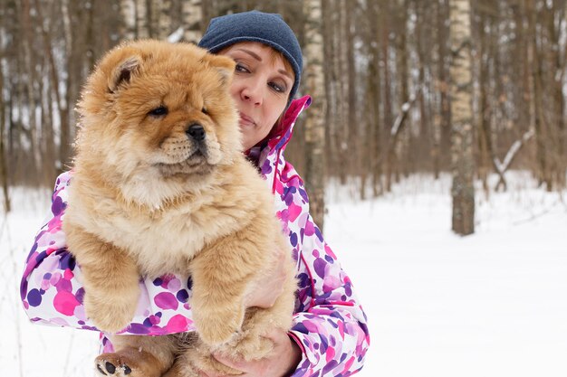 Une femme dans un parc public avec un chiot mignon Dog Chowchow Dog walking