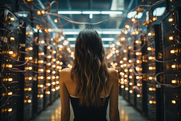 Une femme dans une pièce sombre avec beaucoup de lumières