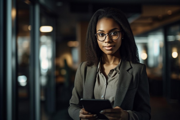 Une femme dans une pièce sombre tenant une tablette