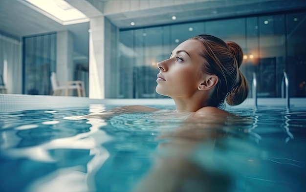 femme dans la piscine d'un hôtel de spa professionnel photo de publicité générée par ai