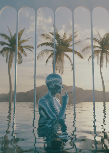 Une femme dans une piscine avec des palmiers en arrière-plan