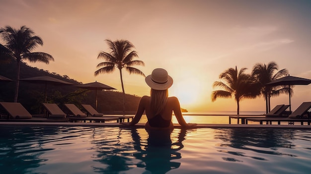 Une femme dans une piscine avec des palmiers en arrière-plan