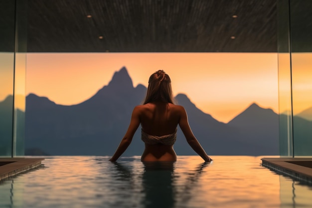 Photo femme dans la piscine regardant la montagne landscapes generative ai