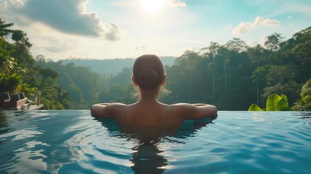 Une femme dans une piscine regarde la forêt devant elle au coucher du soleil