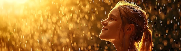 une femme dans la pluie avec la lumière de son visage