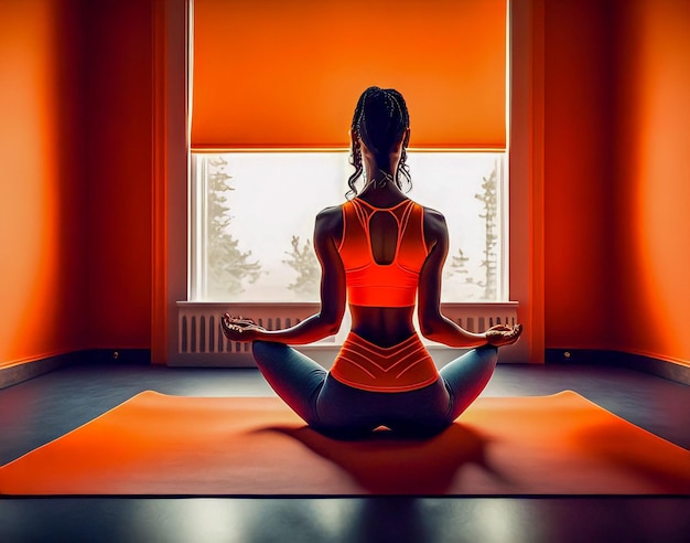 Une femme dans une pose de yoga avec une fenêtre derrière elle