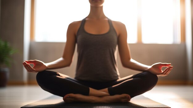 une femme dans une pose de yoga avec ses mains sur ses hanches.