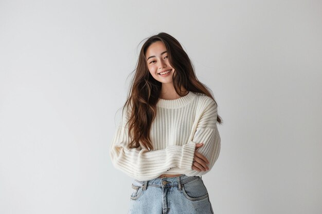 une femme dans un pull blanc avec ses bras croisés