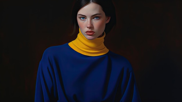 une femme dans un pull bleu et jaune