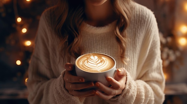 une femme dans un pull chaud confortable tenant une tasse de café avec du latte art couché à plat